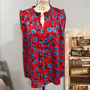 Ann Taylor Red Blouse with Blue Floral Design